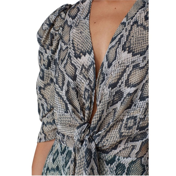 AFRM Teal Ombre Colorblock Snake Print Puff Sleeve Tie Plunge V-Neck Dress XS - Picture 5 of 7